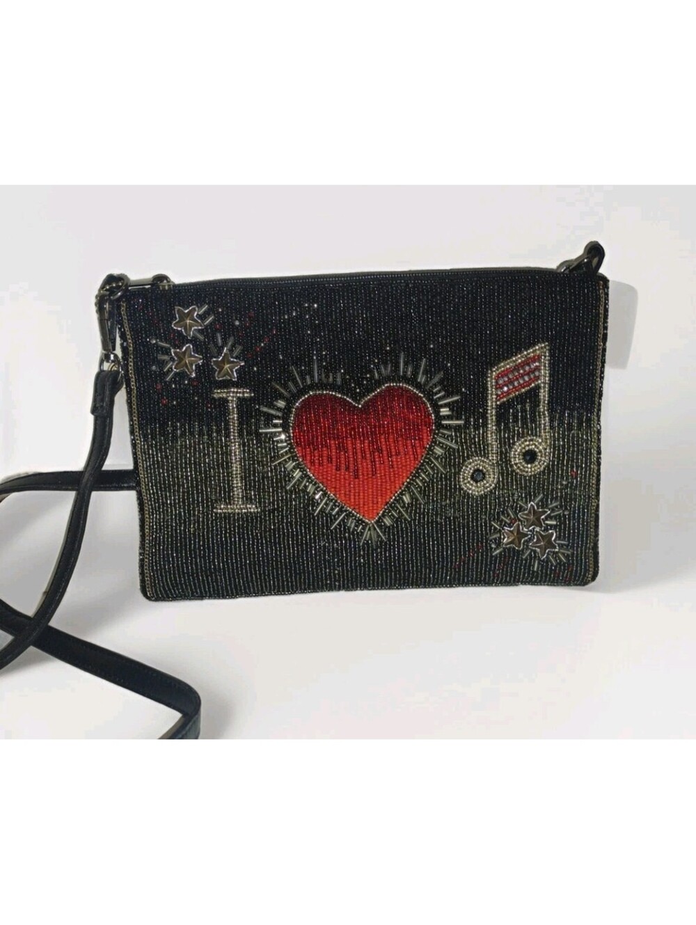 Mary Frances Womens Hand Beaded Crossbody Clutch Music Heart Black Red Bag